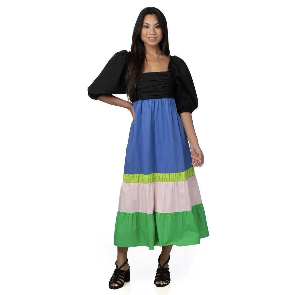 Crosby Mollie‎ Burch Emerson Colorblock Puff Sleeve Midi Dress SM square neck
